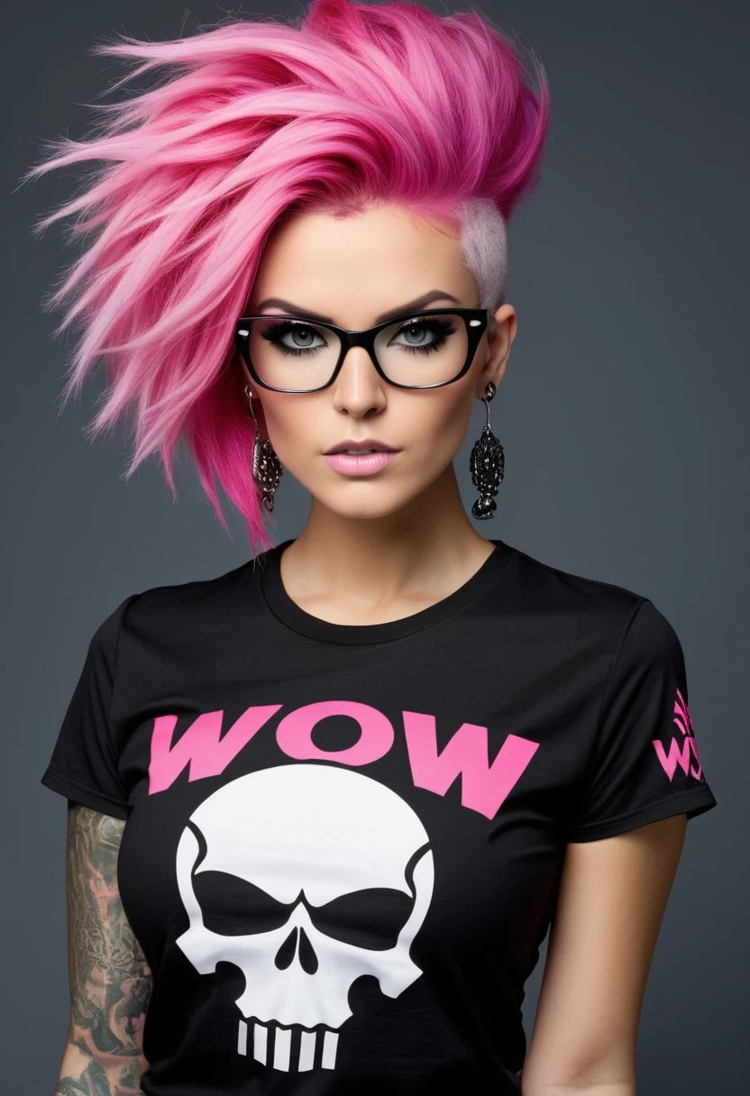 photograph of a beautiful punk woman, "WoW" t-shirt logo with skull design, pink hair, nerdy,