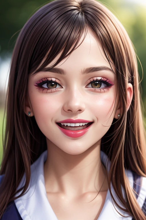 beautiful detailed portrait, young adorable schoolgirl, long straight hair, bangs, beautiful detailed face, makeup, lipstick, laughing uncontrollably, blushing, best quality, extemely detailed