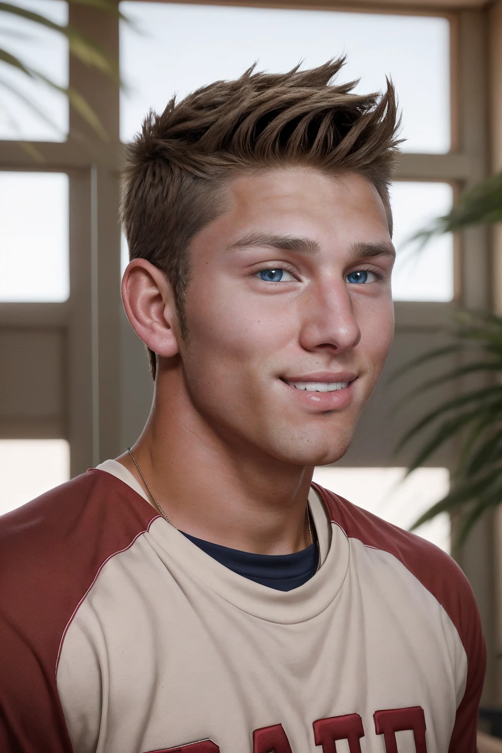 close-up headshot photo of fb_ryan <lora:fratbrat_ryan-08:0.75>, wearing a crimson baseball tee, soft diffused natural lighting, warm inviting atmosphere, sunny relaxed day, backlighting, playful smirk, looking into the camera, confident and charming, blurred natural background, greenery, clean fresh vibrant aesthetic