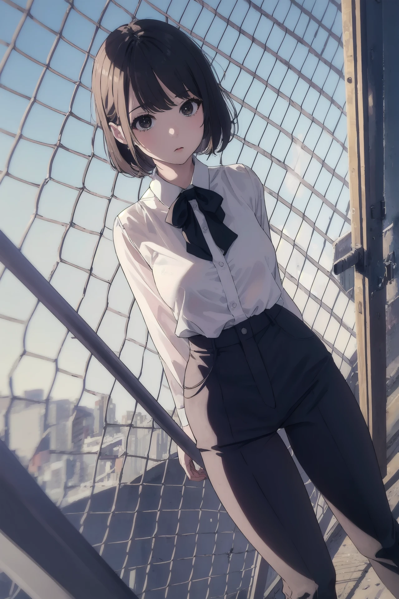 (best quality, masterpiece, highres),1girl,solo,hime cut,blouse,pants_tucked_in,sony fe 12-24mm,
<lora:chain-link fence_v1.05:1>,chain-link fence,angle shot,