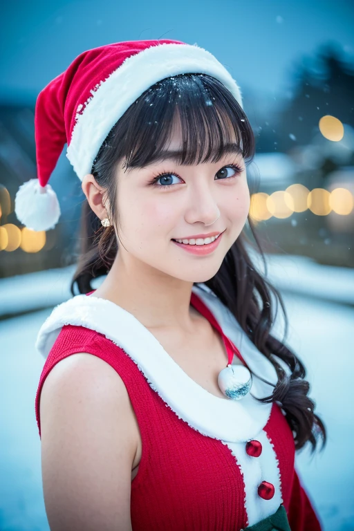 1girl,(wearing a santa girl costume:1.6),(RAW photo, best quality), (realistic, photo-realistic:1.4), masterpiece, an extremely delicate and beautiful, extremely detailed, 2k wallpaper, Amazing, finely detail, extremely detailed CG unity 8k wallpaper, ultra-detailed, highres, soft light, beautiful detailed girl, extremely detailed eyes and face, beautiful detailed nose, beautiful detailed eyes,cinematic lighting, (christmas decorations:1.4),(at night:1.4), (snow scenery:1.4),perfect anatomy,slender body,smiling,(eyes wide),(looking at viewer:1.6),(japanese idol:1.4) wavy hair, (standing:1.8), (close up:1.8), <lora:hayashikoko_lora-10:0.7>