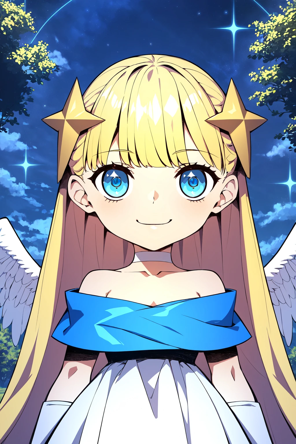 Michael, 1girl, solo, long hair, blonde hair, bangs, blue eyes, angel, angel wings, looking at viewer, smile, hair ornament, dress, choker, off shoulder, star (symbol), white dress, star hair ornament, off-shoulder dress, chibi, closed mouth, outdoors, magic, flowers