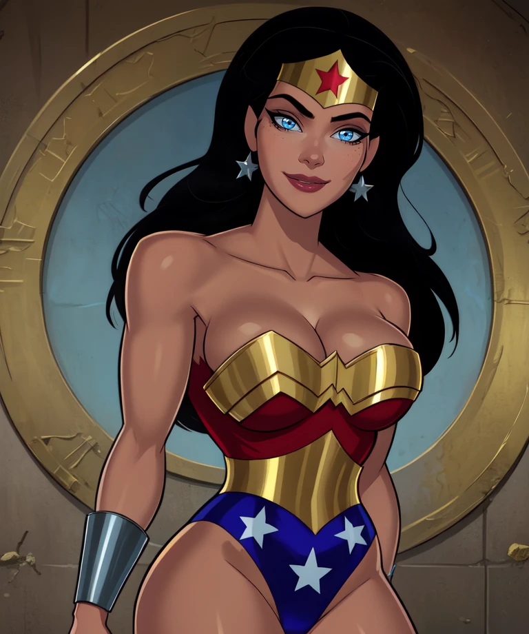 diana,black hair,blue eyes,tiara,lips,long hair,
gold tiara,earrings,red leotard,gold trim,blue underwear with star (symbol),silver armbands,collarbone,
standing,solo,smile,
morning,island,
(insanely detailed, beautiful detailed face,beautiful detailed eyes, masterpiece, best quality),<lora:wonderwomanJL:0.8>,