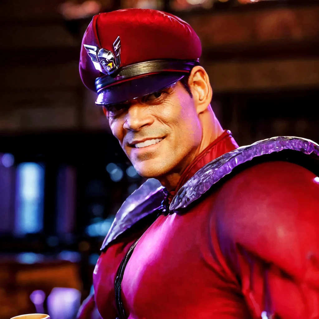 a man sitting in a cafe drinking tea, smiling, side view<lora:BisonLoRA:1> bison, red outfit and military, cap, cape, purple magic, beautiful eyes, high detail skin, high detail eyes, high detail hair, highres, ultra detailed, ,sharpen picture, Highly detailed, masterpiece, best quality,