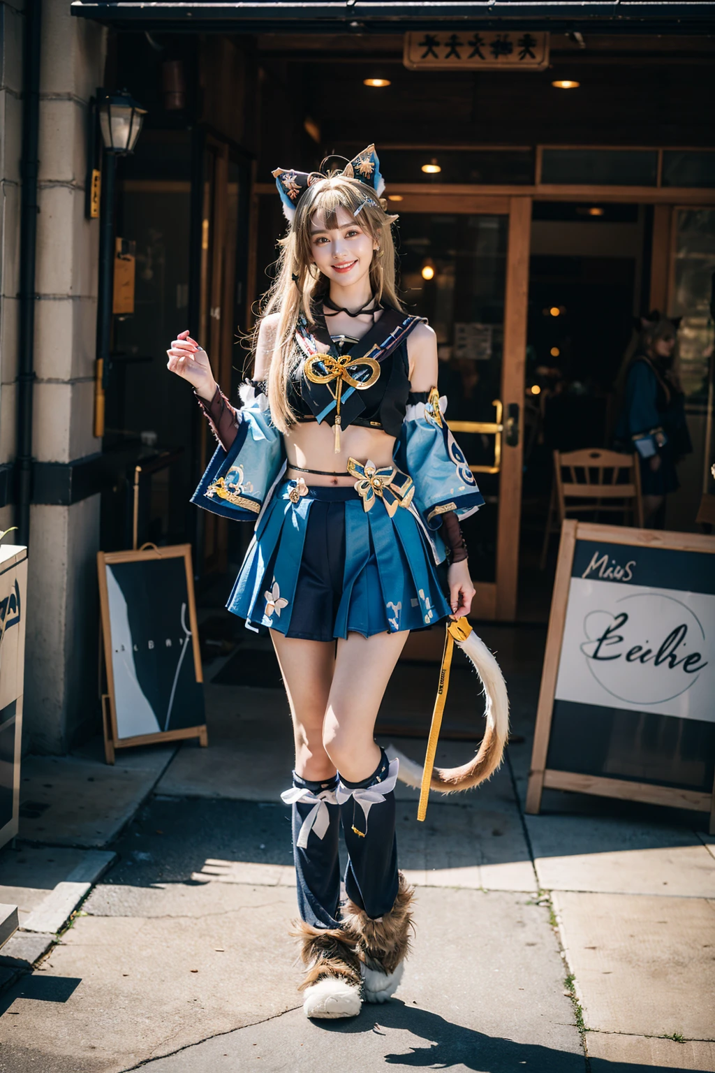 best quality, masterpiece, photorealistic, 1girl, solo, standing, full body, (looking at viewer:1.2), closed mouth, kirara cosplay costume, kirara, cosplay, blonde hair, long hair, hair ornament, sailor collar, crop top, detached sleeves, skirt, cat ears, cat tail, animal ears, leg warmers, fur-trimmed shoes, <lora:genshin_Kirara_cosplay_v1:0.7>
