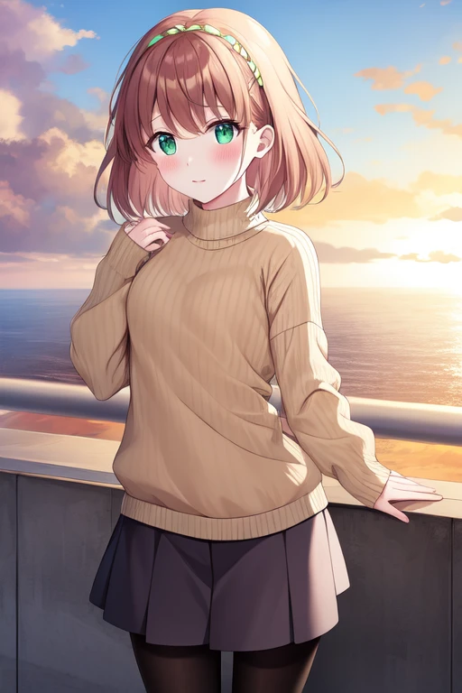 azseylum, hairband, upper body, sweater, blush, sky, cloud, black pantyhose, anime coloring, long sleeves