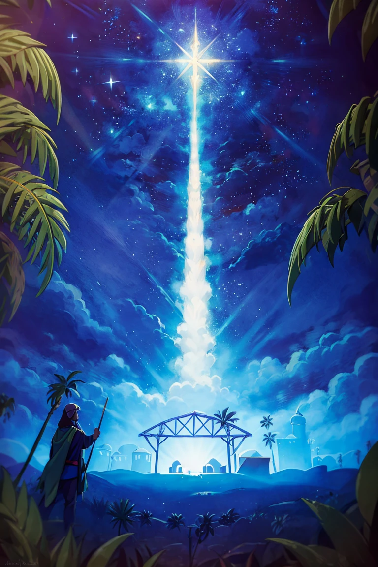 <lora:Merunyaa_Style_Dim32:0.8>, ((masterpiece,best quality)), absurdres, <lora:Star_of_Bethlehem:0.8>, Star_of_Bethlehem,  night sky, starry sky, glowing, outdoors, tree, building, blue theme, palm tree, silhouette