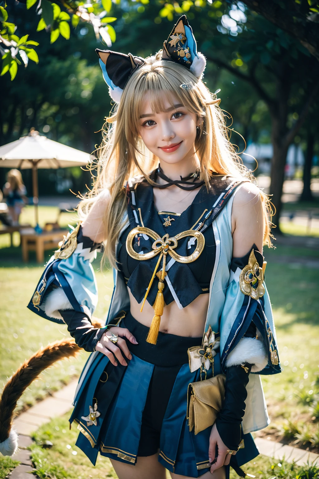 best quality, masterpiece, photorealistic, 1girl, solo, standing, cowboy shot, (looking at viewer:1.2), closed mouth, kirara cosplay costume, kirara, cosplay, blonde hair, long hair, hair ornament, sailor collar, crop top, detached sleeves, skirt, cat ears, cat tail, animal ears, <lora:genshin_Kirara_cosplay_v1:0.7>