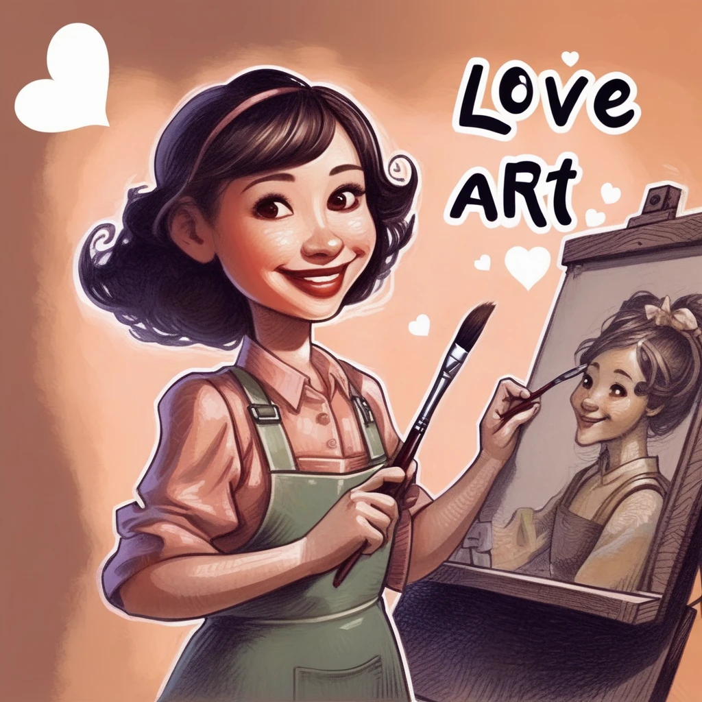 drawix5 (text "LOVE AI ART":1.6), drawing portrait of a cheerful female painter, holding a brush <lora:drawix5:1>