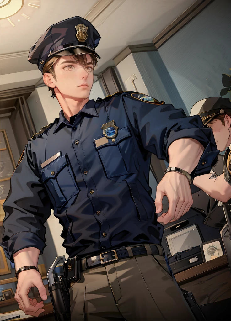 masterpiece,best quality, <lora:Luke_Pearce:1>,Luke_Pearce, <lora:Clothing - Sexy Police Officer:0.7>,(black-color/blue-color/beige-color),hat,shirt,belt,pants,baton,badge,cuffs