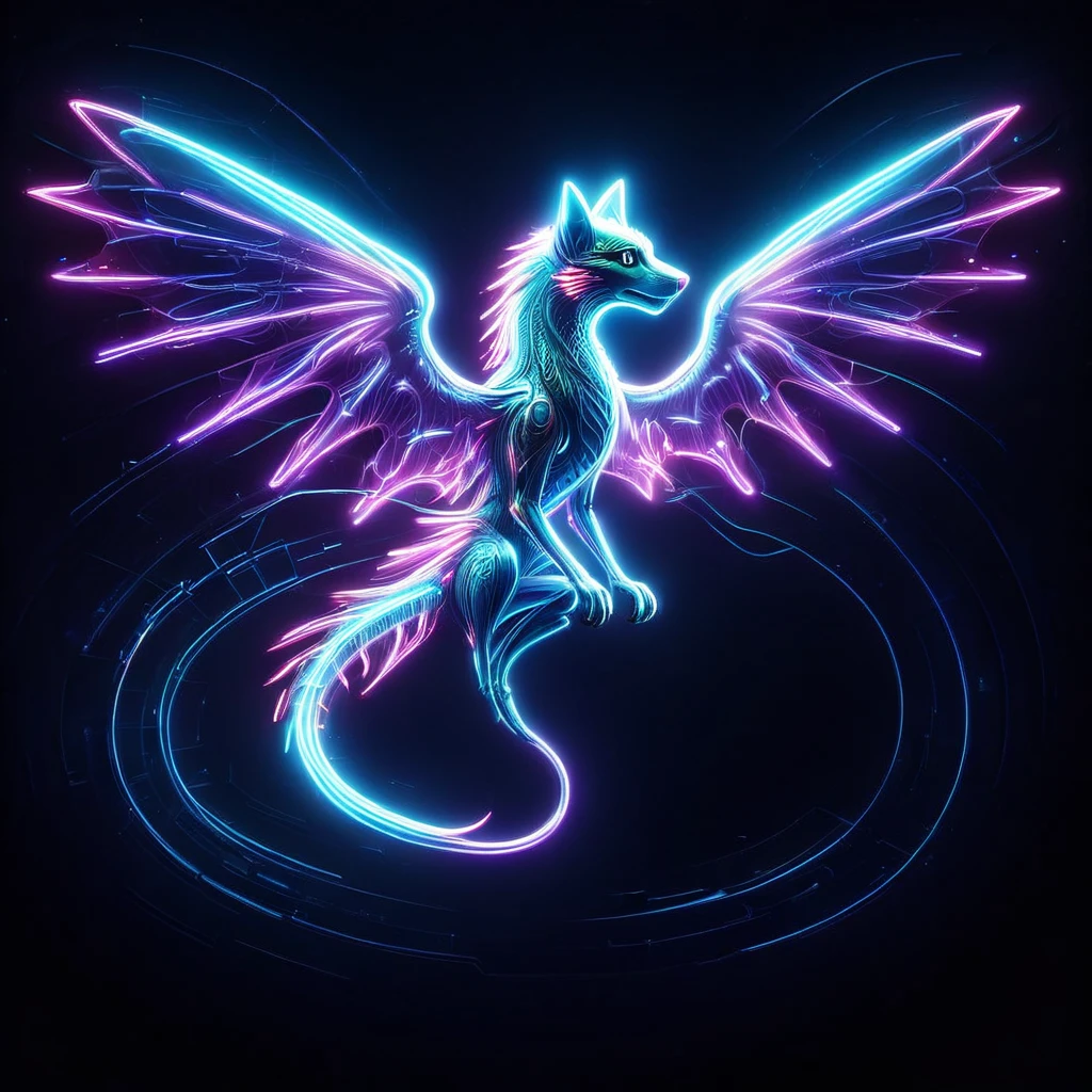 nlgtstyle<lora:nlgtstyle:1>, gigantic swift root-like retro canine life form, 1 leg multipedal, six-fingered hands, bushy-tailed, icy scales, celestial wings ((captivating,stencil,silver brownian motion,translation,amethyst purple,amethyst luminescent ,zigzag lines,dotted lines,cybernetic storms,gaseous,hexagonal prism,drifting,time travel,heart magic:1.0) wings attached to the back),