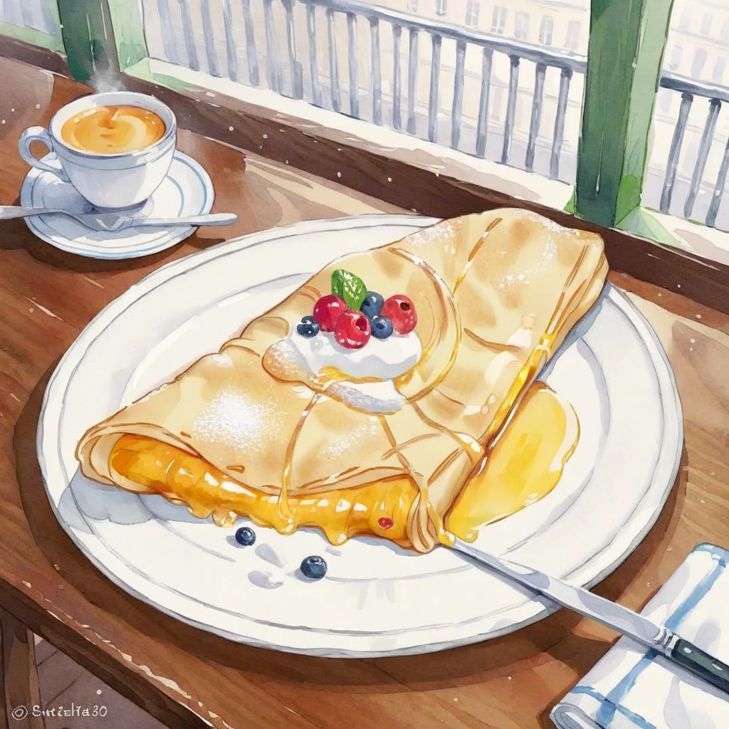 An exquisite French crêpe, presented in a vibrant watercolor style. The crêpe is delicately thin and lightly golden, filled with an assortment of fresh fruits and a dusting of powdered sugar. It rests elegantly on a quaint porcelain plate, set upon a rustic wooden table. The background is a soft wash of pastel colors, capturing the essence of a cozy Parisian café. The watercolor technique highlights the crêpe's texture and the freshness of the ingredients, with gentle brush strokes and a harmonious color palette,<lora:waterdrawfd:0.85>