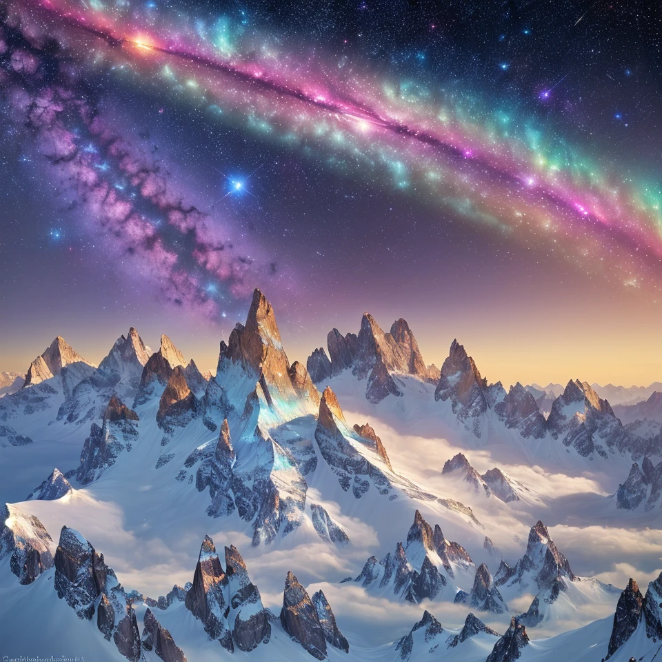 Beneath a velvet sky, iridescent nebulas swirl in a cosmic ballet, stars twinkling like ancient secrets. Majestic mountains rise, their peaks dusted silver, while shimmering forests stretch beyond, leaves aglow with inner light. At the heart, a radiant vortex of light and energy dances, an eternal, awe-inspiring spectacle.