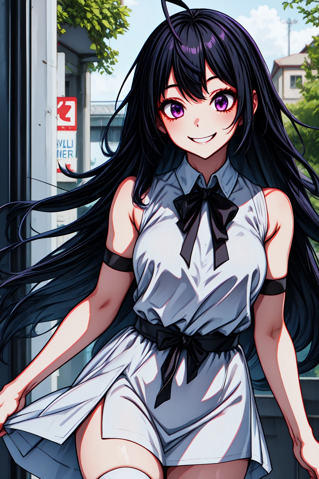 1girl, cowboy shot, smile, looking at viewer,
yonagi_kei, purple eyes, long hair, black hair, (ahoge:1.2), dress, <lora:yonagi_kei_lora_ver3:0.7>, best quality, masterpiece, highres, <lora:GoodHands-vanilla:1>