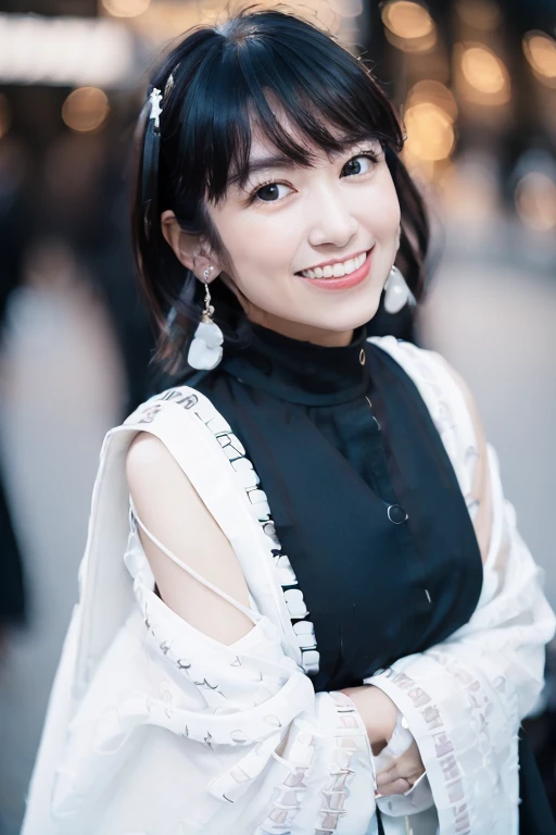 1girl, (wearing a black dress:1.6),(RAW photo, best quality), (realistic, photo-realistic:1.4), masterpiece, an extremely delicate and beautiful, extremely detailed, 2k wallpaper, Amazing, finely detail, extremely detailed CG unity 8k wallpaper, ultra-detailed, highres, soft light, beautiful detailed girl, extremely detailed eyes and face, beautiful detailed nose, beautiful detailed eyes,(cinematic lighting:1.4),(in the city at night:1.8),perfect anatomy,(slender body:1.2),(close up face:2.0),(laughing:2.0),(looking at viewer:1.8),(japanese idol:1.8),(wavy hair), (brown eyes:1.8),(walking:1.8),(cleavage:1.2), <lora:kurosawatomoyo_lora-10:0.8>