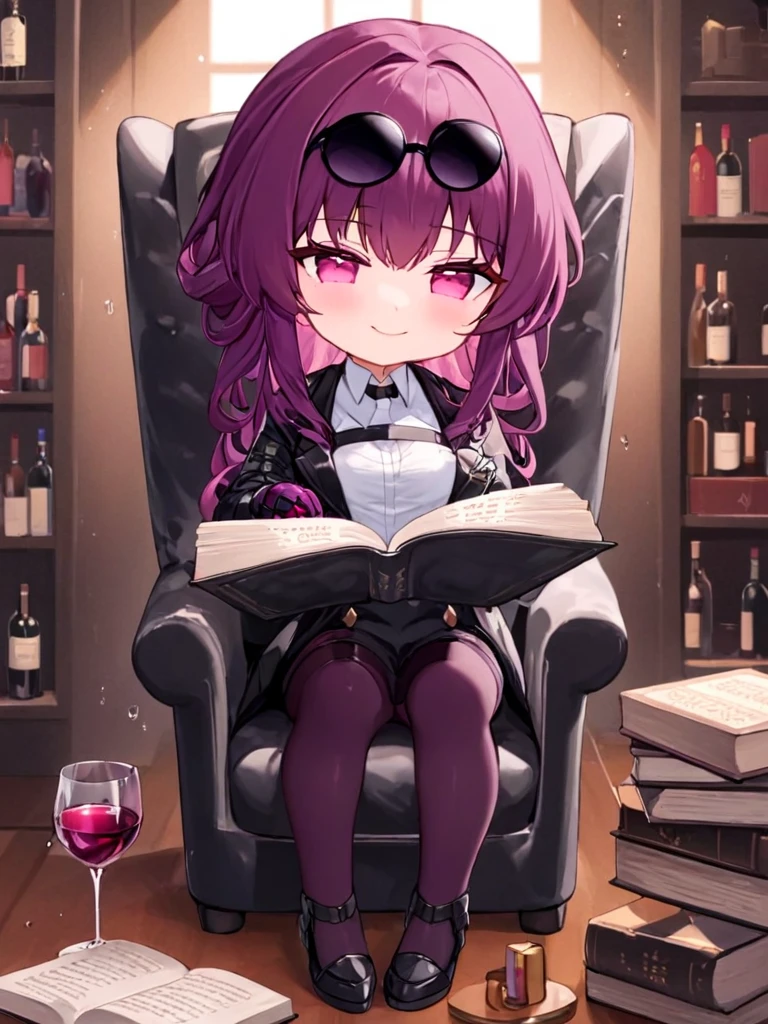 <lora:kafka:1>,eyewear_on_head, 1girl, solo, chair, gloves, wine_glass, smile, cup, long_sleeves, wine, shirt, drinking_glass, book, holding, reading, jacket, chibi, sunglasses, alcohol, purple_hair, closed_mouth, purple_eyes, white_shirt, sitting, black_jacket, black_necktie, bangs, necktie, open_book, official_alternate_costume, pink_eyes, long_hair, border, black_gloves