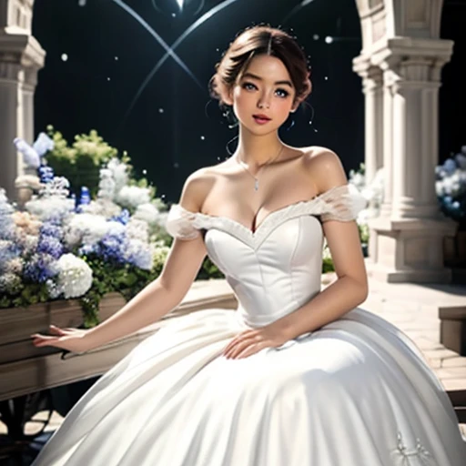 (​masterpiece, best quality:1.5), highest quality, High resolution, super detailed, Realists, Upper body photo of a brunette 18-year-old flower girl, detailed and beautiful eyes, beautiful detailed lips, very detailed eyes and face, longeyelashes, 18-year-old girl in short dress made of blue shiny satin fabric, Beautiful and colorful makeup, elegant and noble々Pose,shiny satin headband, grind, Holding flowers, Gardens as background, soft daylight, bright colors, fine brushstrokes, Portrait style, Noble details in the dress fabric, beautiful color palette, glowing skin, First-class rendering, that captures every detail, enchanting atmosphere, subtle shadows and lights, (perfect anatomy:1.2), (The stunning flower girl stands next to a handsome boy in a suit. Deeply in love. magnificent panorama view:1.2)
