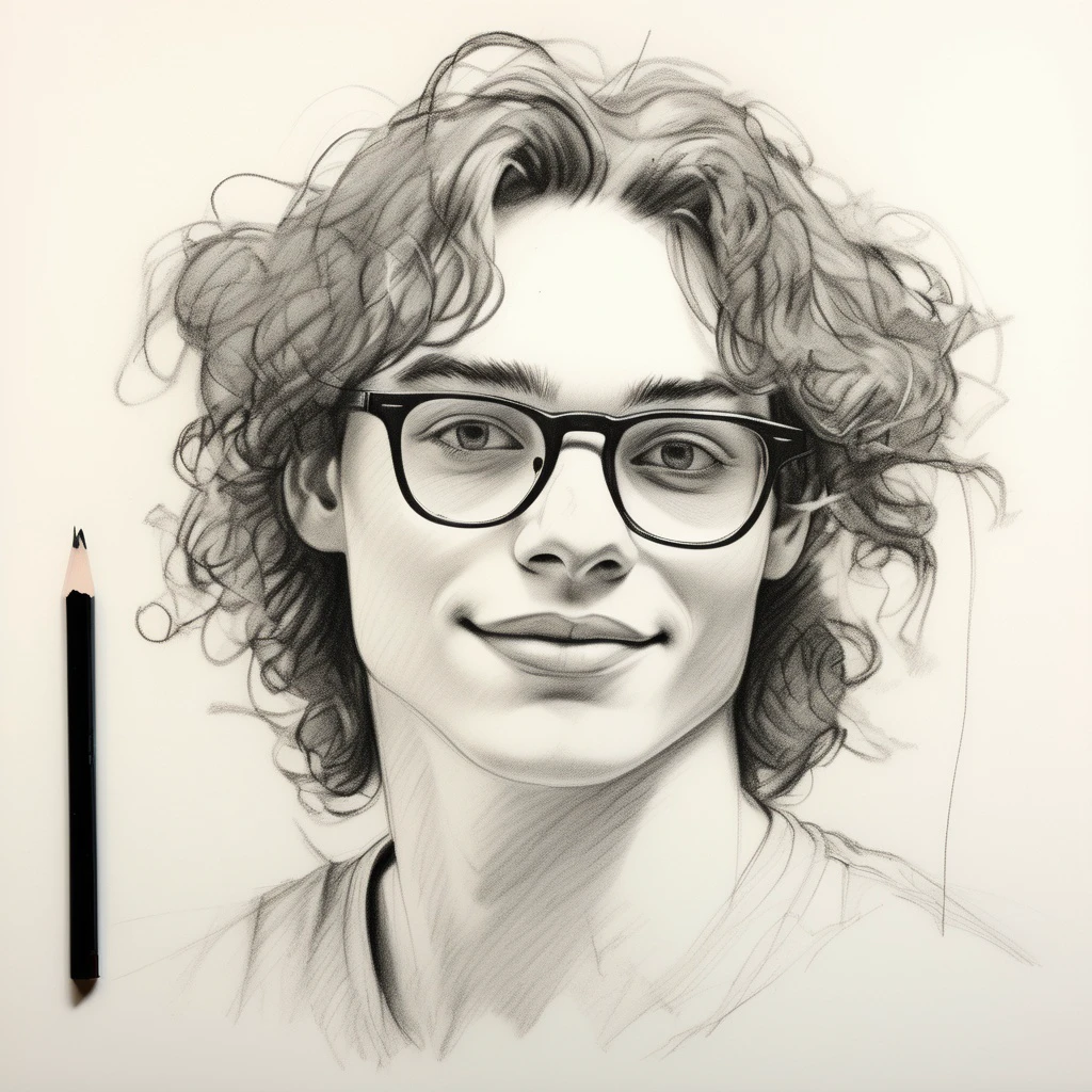sketch of young man, unfinished face with pencils. long hair, curly hair, wearing glasses, close up, The artwork should be in black and white, set against a white background, employing crosshatching pencil strokes. Use a cartoon-style approach with multiple sketches, emphasizing bold curves and maintaining a low level of detail. Capture the joyful expression on the youth's face as they craft their artistic creation, highlighting the playful and creative nature of the sketching process, white background