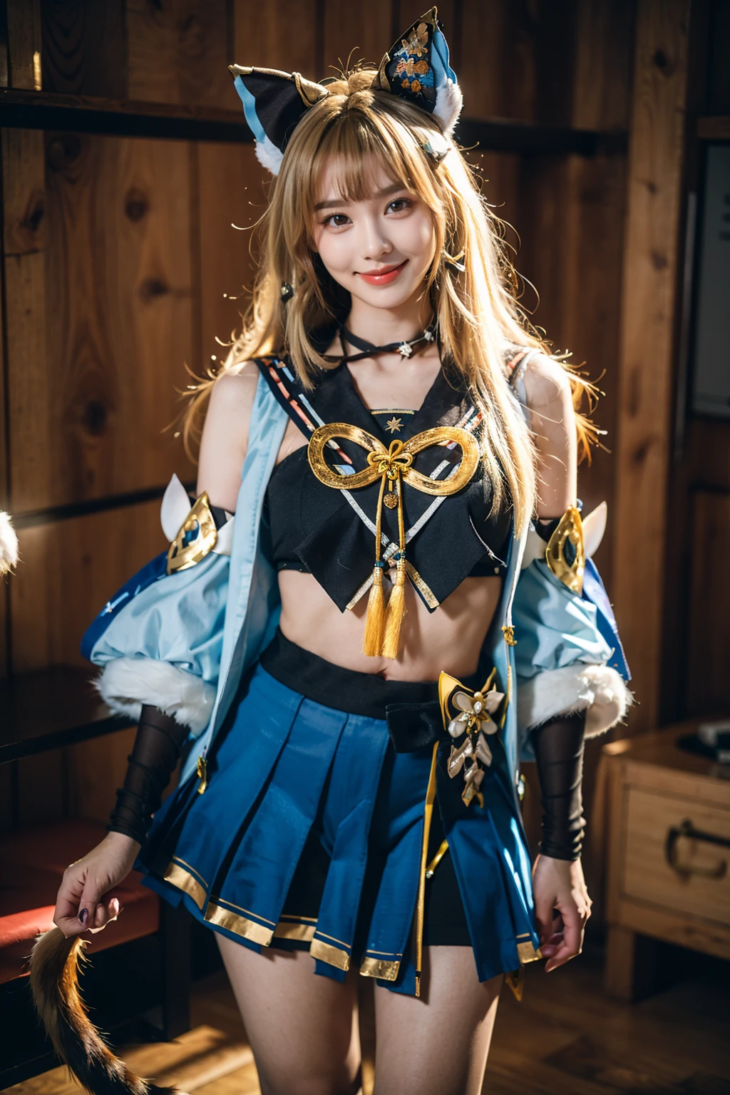 best quality, masterpiece, photorealistic, 1girl, solo, standing, cowboy shot, (looking at viewer:1.2), closed mouth, kirara cosplay costume, kirara, cosplay, blonde hair, long hair, hair ornament, sailor collar, crop top, detached sleeves, skirt, cat ears, cat tail, animal ears, <lora:genshin_Kirara_cosplay_v1:0.7>