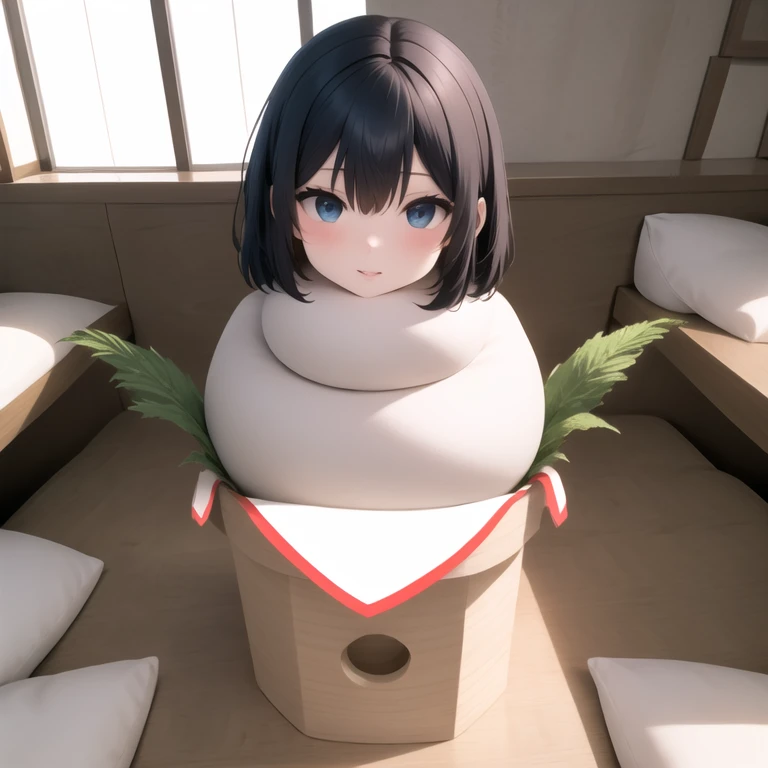 kagamimochi, orange ball on rice cake,  on square wooden base, a pair fern, paper between rice cake to wooden base
<lora:kagamimochi-001_0.7:1>