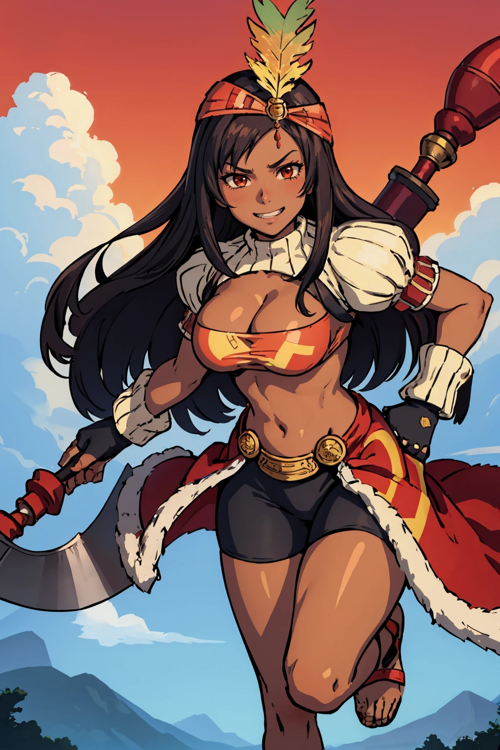 masterpiece, best quality, <lora:ff9lani-nvwls-v1-000009:0.9> ff9lani, dark skin, bandana, feather hair ornament, turtleneck, cleavage, puffy sleeves, bandeau, red overskirt, short shorts, fingerless gloves, large breasts, holding axe, axe, looking at viewer, huge weapon, grin, castle, red sky