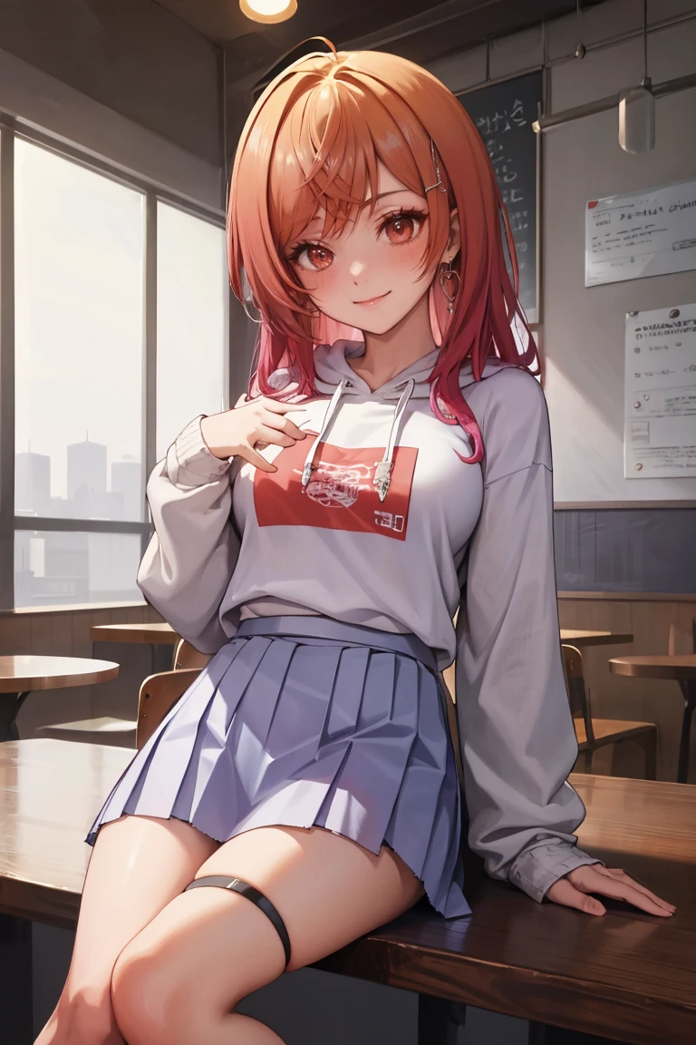 masterpiece, best quality, absurdres, IchijouRirika, sitting, coffee shop, hoodie, pleated skirt, smile, <lora:CHAR-IchijouRirika:1>