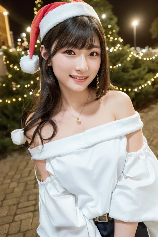 1girl,(wearing a santa off shoulder top:1.8),(RAW photo, best quality), (realistic, photo-realistic:1.4), masterpiece, an extremely delicate and beautiful, extremely detailed, 2k wallpaper, Amazing, finely detail, extremely detailed CG unity 8k wallpaper, ultra-detailed, highres, soft light, beautiful detailed girl, extremely detailed eyes and face, beautiful detailed nose, beautiful detailed eyes,cinematic lighting,(christmas tree:1.2),(at night:1.6), perfect anatomy,slender body,(smile:1.8),(looking at viewer:1.8),(japanese idol:1.4) wavy hair, (close up face:2.0),  <lora:aokihina_lora-14:0.8>