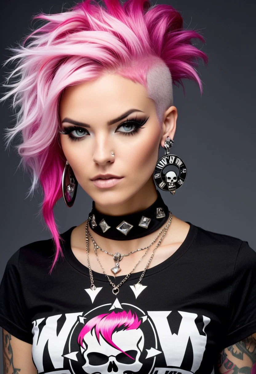 photograph of a beautiful punk woman, "WoW"Braw, with skull designs for tattoos, pink hair, nerdy, n