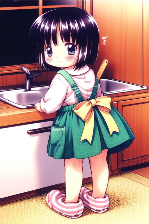<lora:KonoharaKonomi:1> KonoharaKonomi, solo, 1girl, slippers, looking back, short hair, apron, kitchen, child, striped, blush, smile, black hair,
masterpiece, high quality, very_high_resolution, large_filesize, full color,