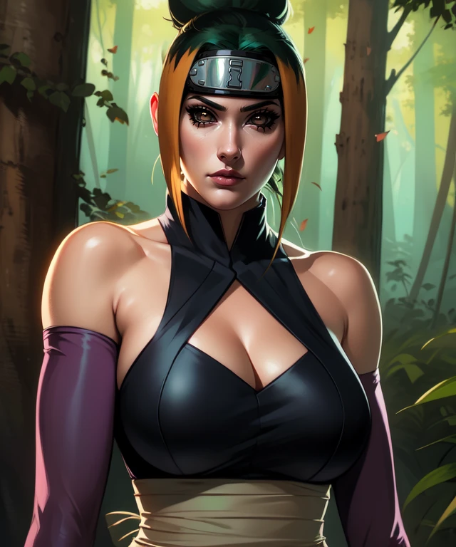 Kaede, short black hair, brown hair,ponytail ,medium breasts, standing, smiling, ,solo , cowboy shot, 
red tattoo on left thigh, 
KaNin,black thighhighs,gloves, panties,sleeveless, short orange kimono,elbow gloves,sandals,ninja, cleavage
night time, forest, 
(insanely detailed, beautiful detailed face, masterpiece, best quality)
 