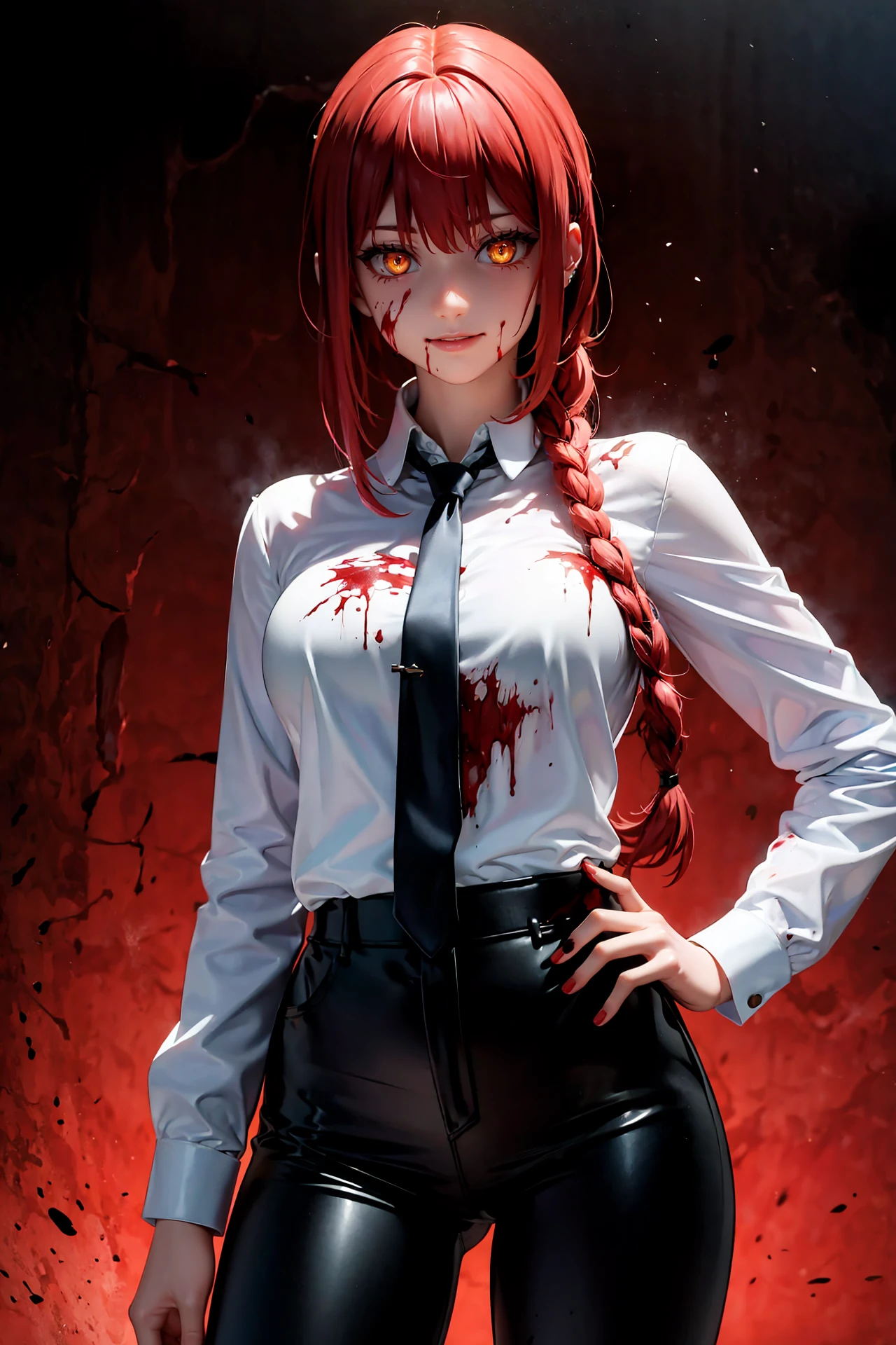 (masterpiece:1.2),(best quality:1.2),4K,highres,1girl,<lora:makima_offset:0.8>,makima \(chainsaw man\),best quality,ultra detailed,1girl,solo,standing,red hair,long braided hair,golden eyes,bangs,medium breasts,white shirt,necktie,stare,smile,(evil:1.2),looking at viewer,(interview:1.3),(black,long pants:1.2),(glowing eyes:1.4),
Break,
(blood background:1.3),(dirty clothes:1.1),(dirty face:1.1),