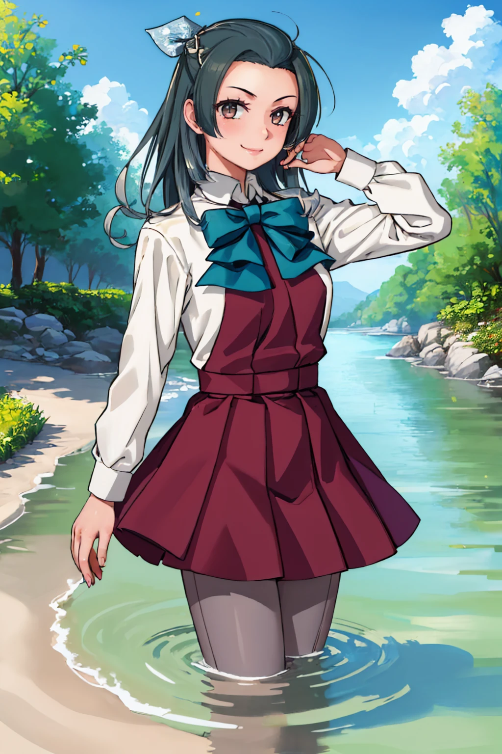 (masterpiece, best quality:1.2), solo, 1girl, suzunami, smile, looking at viewer, wading, hair ribbon, school uniform, dress, halterneck, bowtie, shirt, long sleeves, grey pantyhose <lora:kancolle_suzunami-10:1>
