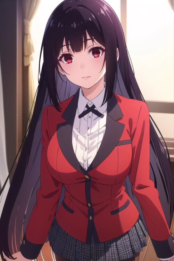 yumekojabami, <lora:yumeko jabami s2-lora-nochekaiser:1>,
yumeko jabami, long hair, bangs, black hair, very long hair, blunt bangs, hime cut, (red eyes:1.3), smile,
BREAK skirt, shirt, school uniform, jacket, white shirt, pantyhose, pleated skirt, collared shirt, black pantyhose, blazer, red jacket,
BREAK indoors, classroom,
BREAK looking at viewer, (cowboy shot:1.5),
BREAK <lyco:GoodHands-beta2:1>, (masterpiece:1.2), best quality, high resolution, unity 8k wallpaper, (illustration:0.8), (beautiful detailed eyes:1.6), extremely detailed face, perfect lighting, extremely detailed CG, (perfect hands, perfect anatomy),