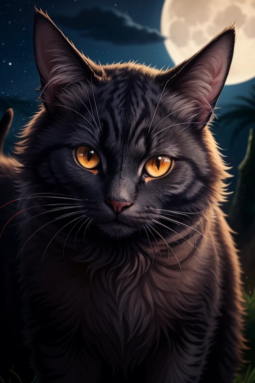 black fluffy gorgeous dangerous cat animal creature, large orange eyes, big fluffy ears, piercing gaze, full moon, dark ambiance, best quality, extemely detailed