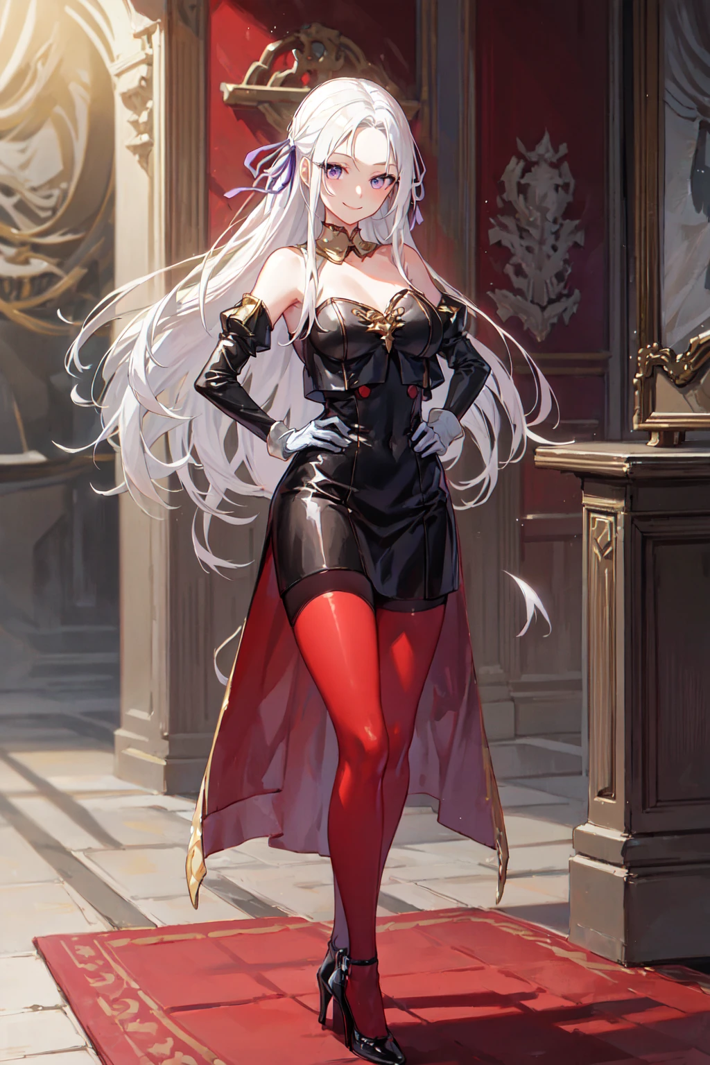 masterpiece, best quality, 1girl, white hair, purple eyes,forehead, parted bangs, long hair, hair ribbon, red dress,strapless dress,detached sleeves,detached collar,elbow gloves, white gloves, black pantyhose,high heels, nice hands, perfect hands,indoors, palace,feet out of frame, upper body,smile,(hair flip),standing, hand on own hip,looking at viewer,face, facing viewer