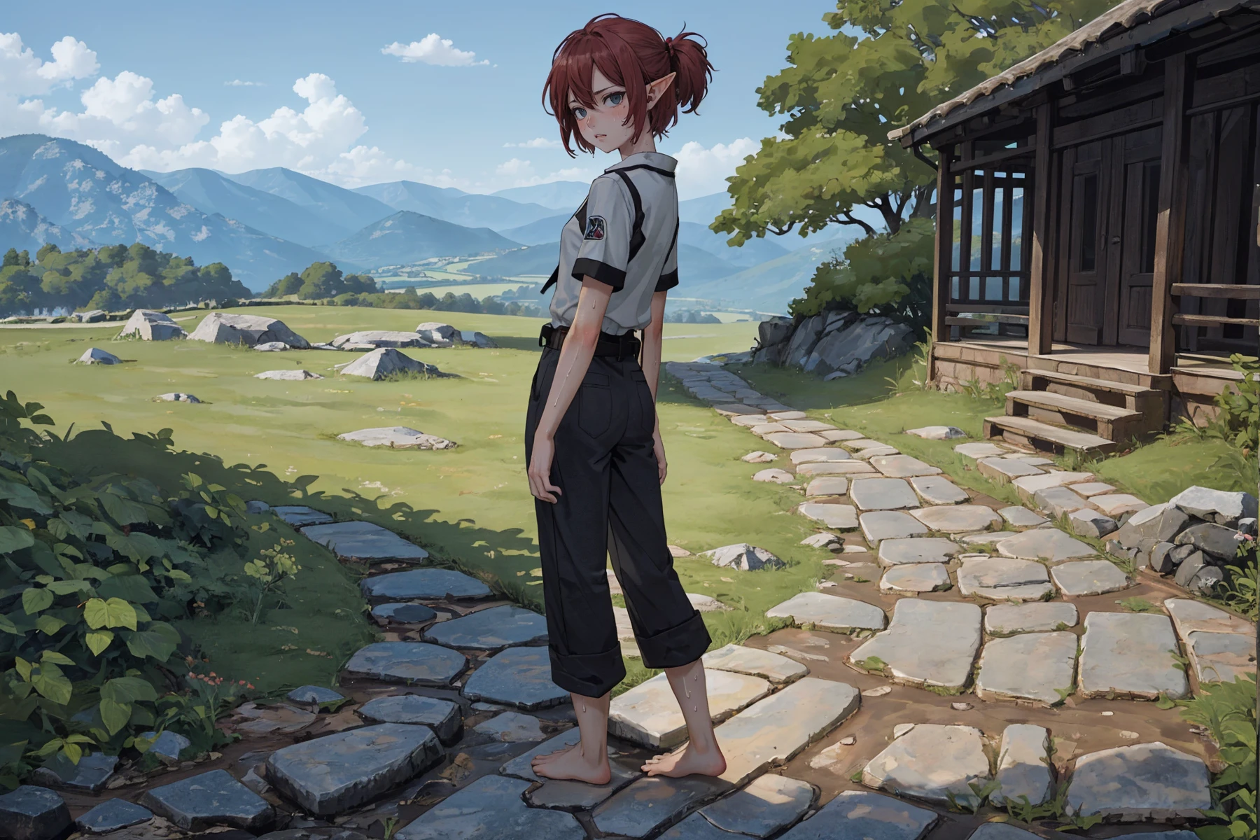 (expressive:1.2)
looking at viewer
 barefoot, soles
sweat, sweaty  1boy
<lora:GodPussy1 v4 Inpainting:0.325> godpussy1 rear pussy 
<lora:detail_slider_v4:0.5>, <lora:GoodHands-vanilla:0.8>,
1girl, elf, tomboy,
fantastic scenery, outdoors, stone walkway, standing, facing to the side, Yoji Shinkawa, bored[::1]
dark red half-up half-down hairstyle hair, <lora:realistic:0.1>
