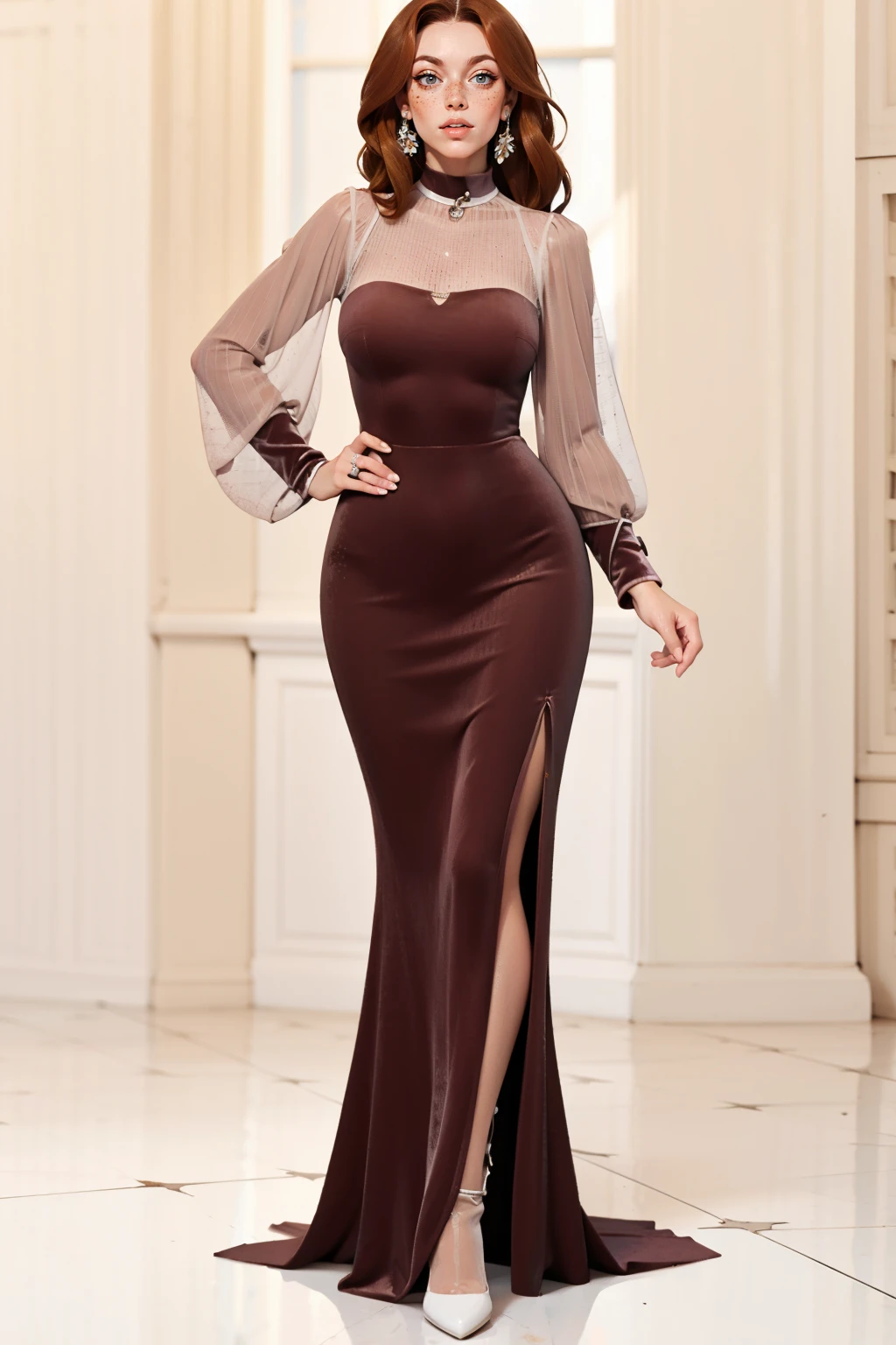 masterpiece, best quality, <lora:age_slider_v20:1.5>  <lora:detail_slider_v4:2> 1girl, mar00nv3lv3t, long sleeves, dress, long dress, maroon dress, velvet dress, see-through sleeves, solo,  <lora:Fr3ckles:1> Fr3ckles, freckles, long hair, ginger hair, (white background:1.4), full body,  <lora:mar00nv3lv3t:0.8>