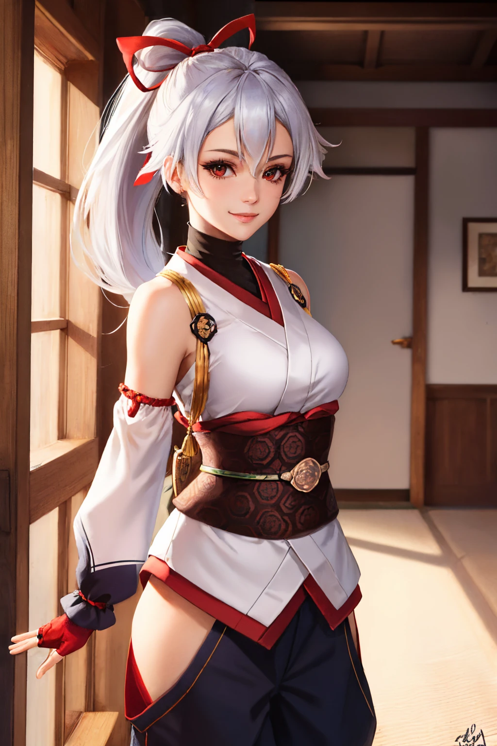 (masterpiece, best quality:1.2), solo, 1girl, tomoedef, smile, looking at viewer, arms at sides, ponytail, hair ribbon, japanese clothes, kimono, sash, obi, armor, detached sleeves, red gloves, fingerless gloves, hakama pants, hip vent <lora:fate_tomoegozen-17:1>