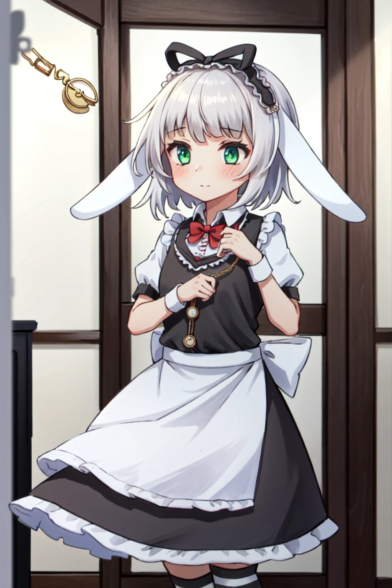 <lora:Irisu-000008:0.9>, irisu, 1girl,solo, grey hair, green eyes, short hair, rabbit ears, maid, maid apron, maid headdress, pocket watch, bow, striped legwear, red bowtie, indoors, hands on lap,, masterpiece, best quality,