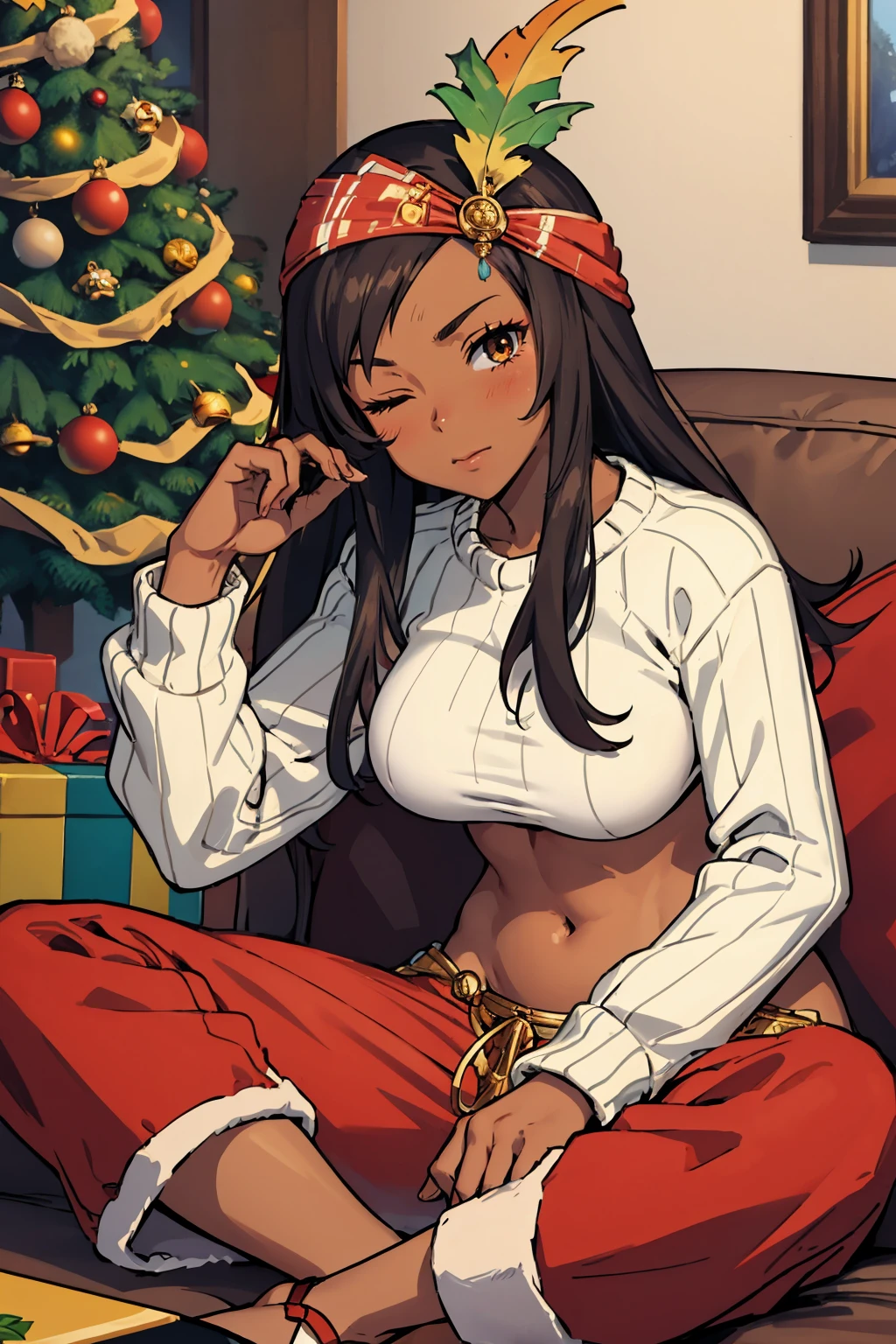 masterpiece, best quality, <lora:ff9lani-nvwls-v1-000009:0.9> ff9lani, dark skin, bandana, feather hair ornament, large breasts, white sweater, fake antlers, red sweatpants, christmas tree, sitting, couch, christmas present, wink, one eye closed, one eye open