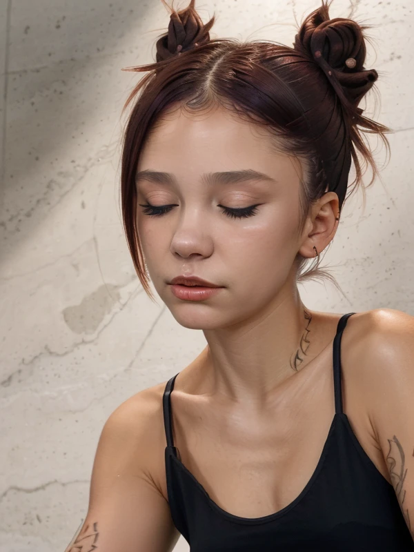 gquality, <lora:taichu:1> taichu, 1girl, solo, short hair, bare shoulders, closed eyes, upper body, realistic, hair bun, tank top, black topwear