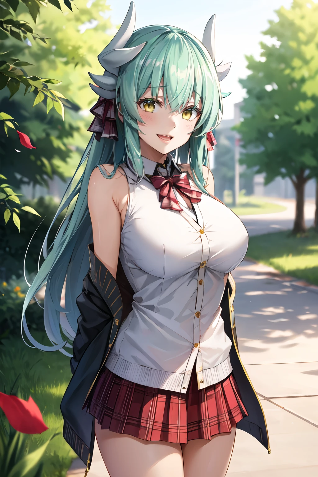 masterpiece, best quality, highres, aakiyo, long hair, aqua hair, white horns, hair bow, yellow bow, yellow eyes, <lora:kiyohime_(lancer)_v1:0.7>, cardigan, plaid skirt, arms behind back, smile, open mouth, petals, outdoors, big breasts  <lora:Oni-noboru-Style-v1_509788:1>