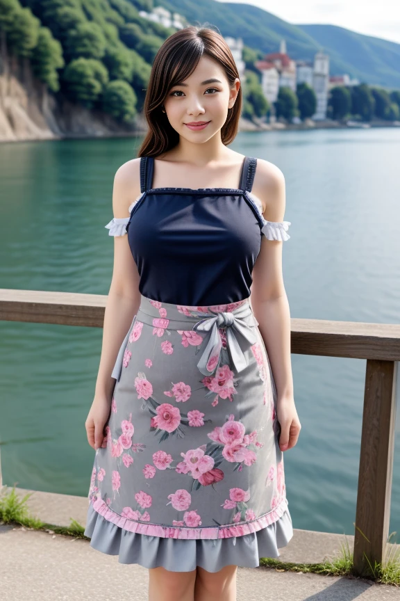 1woman, cute, beautiful, realistic, scenic view from Europe, looking at viewer, full body shot
<lora:Floral_Apron_By_Stable_Yogi:0.8> gray floral print, skirt, bare shoulders, waist apron, frills