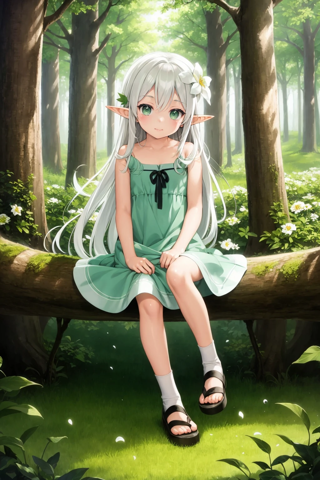 (masterpiece,best quality,illustration,official art:1.05),(tachi-e:1.12),full body,sitting,looking at viewer,solo,1girl,elf girl,long hair,green hair,[green|blue] eyes,dress,white hair flower,hair ornament,(8),(chiind,leaf,tree,forest, <lora:SilvermoonMix01_V73:1>