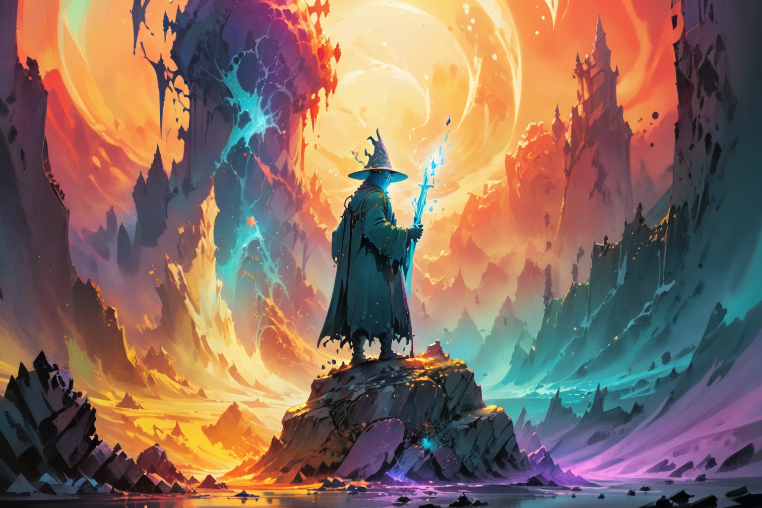masterpiece, painted world, colorful splashes, <lora:Painted World-000006:1> as a fantasy alchemist wizard, by James Gilleard, Moebius, Lord of the rings, alchemical weapons, polychromatic, shiny, octane render, blender, craig mullins