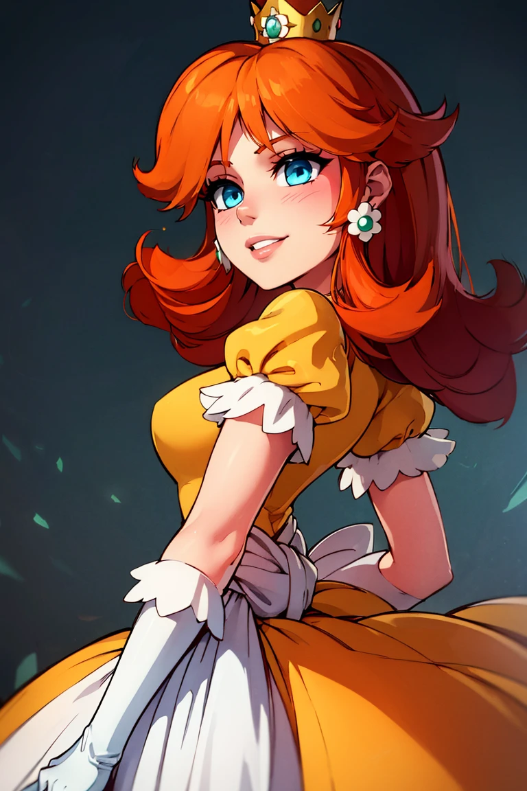 (masterpiece, best quality), 1girl, <lora:princessdaisy-lora-nochekaiser:1> princess daisy, blue eyes, long hair, orange hair, crown, daisy, dress, flower, gem, gloves, orange dress, puffy short sleeves, puffy sleeves, short sleeves, white gloves,smiling,