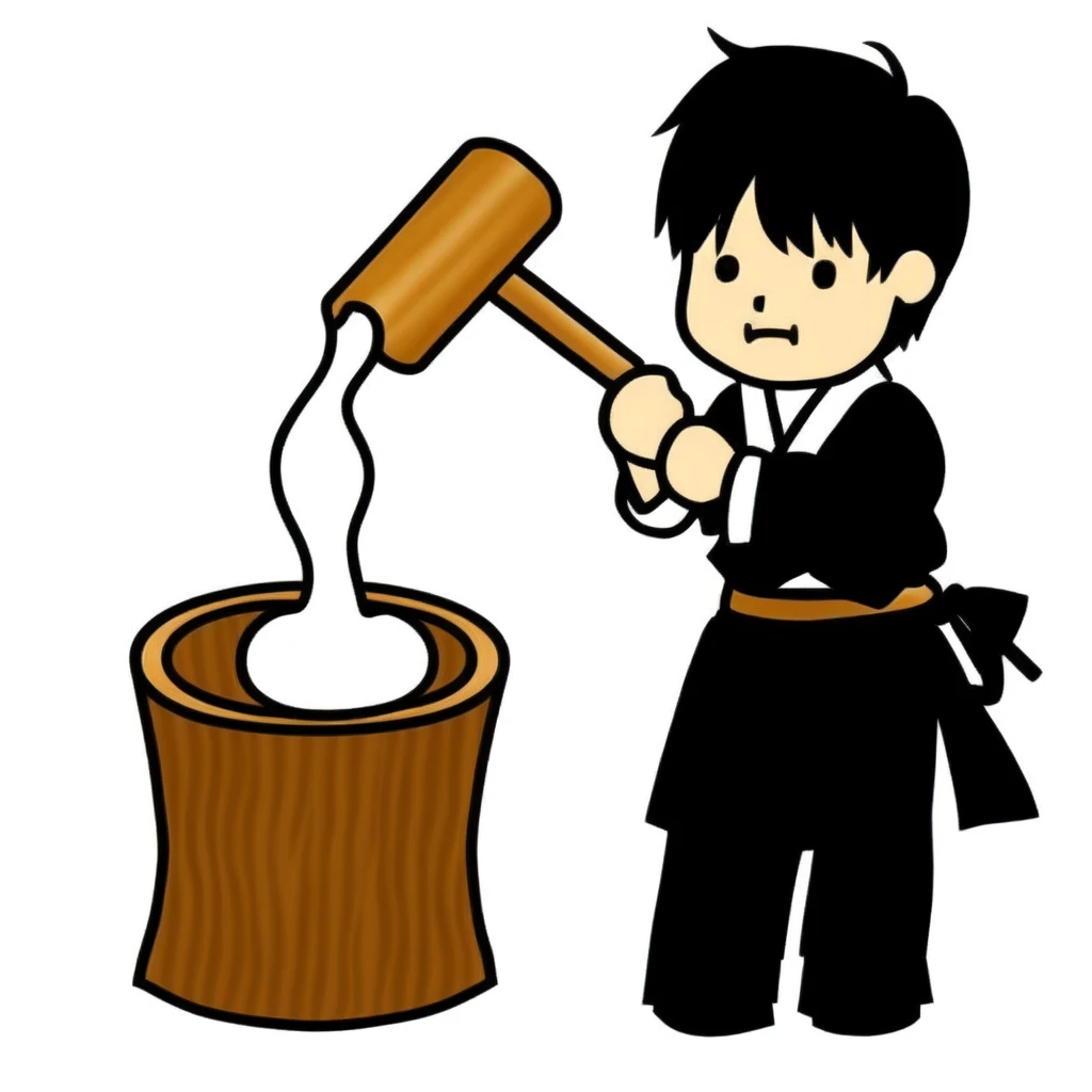 <lora:mochi_pounding_v1:0.7>,solo, looking at viewer, standing, full body, food, hammer, dango, mochi, mallet, holding hammer, kine, MTTK, wood, cooking, sleeves pushed up, mochi