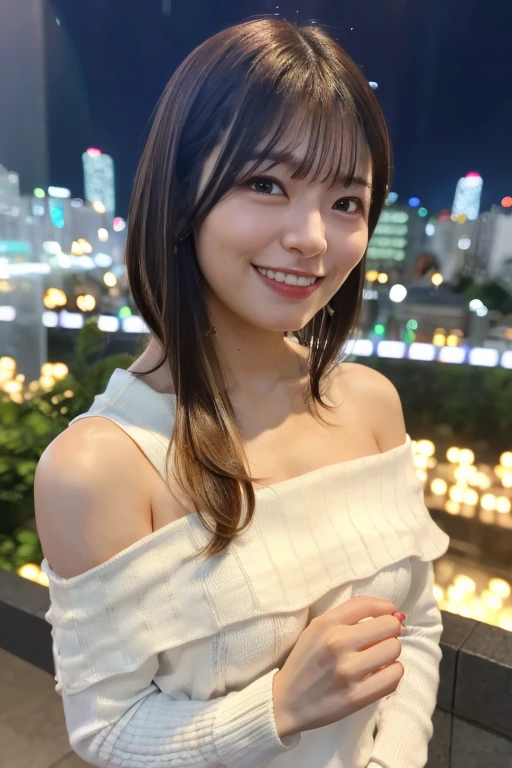 1girl, (wearing a white off-shoulder knit tops:1.6),(RAW photo, best quality), (realistic, photo-realistic:1.4), masterpiece, an extremely delicate and beautiful, extremely detailed, 2k wallpaper, Amazing, finely detail, extremely detailed CG unity 8k wallpaper, ultra-detailed, highres, soft light, beautiful detailed girl, extremely detailed eyes and face, beautiful detailed nose, beautiful detailed eyes,(cinematic lighting:1.4),(in the city at night:1.4),(night city view:1.8),perfect anatomy,(slender body:1.0),(close up face:1.8),(laughing:1.4),(looking at viewer:1.8),(japanese idol:1.8),(wavy hair), (brown eyes:1.8),(standing:2.0),(cleavage:1.4), <lora:suzushirosayumi_lora-13:0.8>