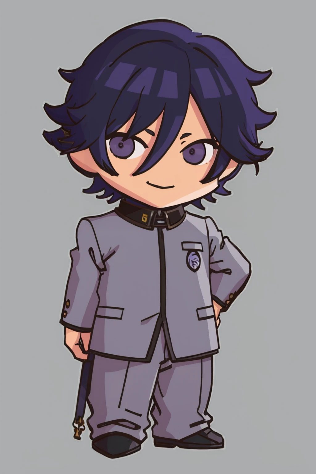 masterpiece, best quality, solo, 1boy, smile, looking at viewer, <lora:FEH-MTH_Fp:0.8>, simple background, chibi, <lora:NaoyaV3:1> Naoya, school uniform, grey pants, purple eyes,