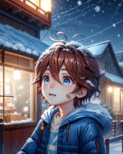 best quality, masterpiece, highres, detailed, digital artwork, <lora:Tools - add_detail:0.2>, SnowWonder, <lora:Scene - SnowWonder:0.8>, excited, snowing, night, upper body, BREAK FNaFGregory, brown hair, messy hair, blue clothing, down jacket, bandage on face, <lora:Character - FNaFGregory:0.8>, male , america, outside restaurant,